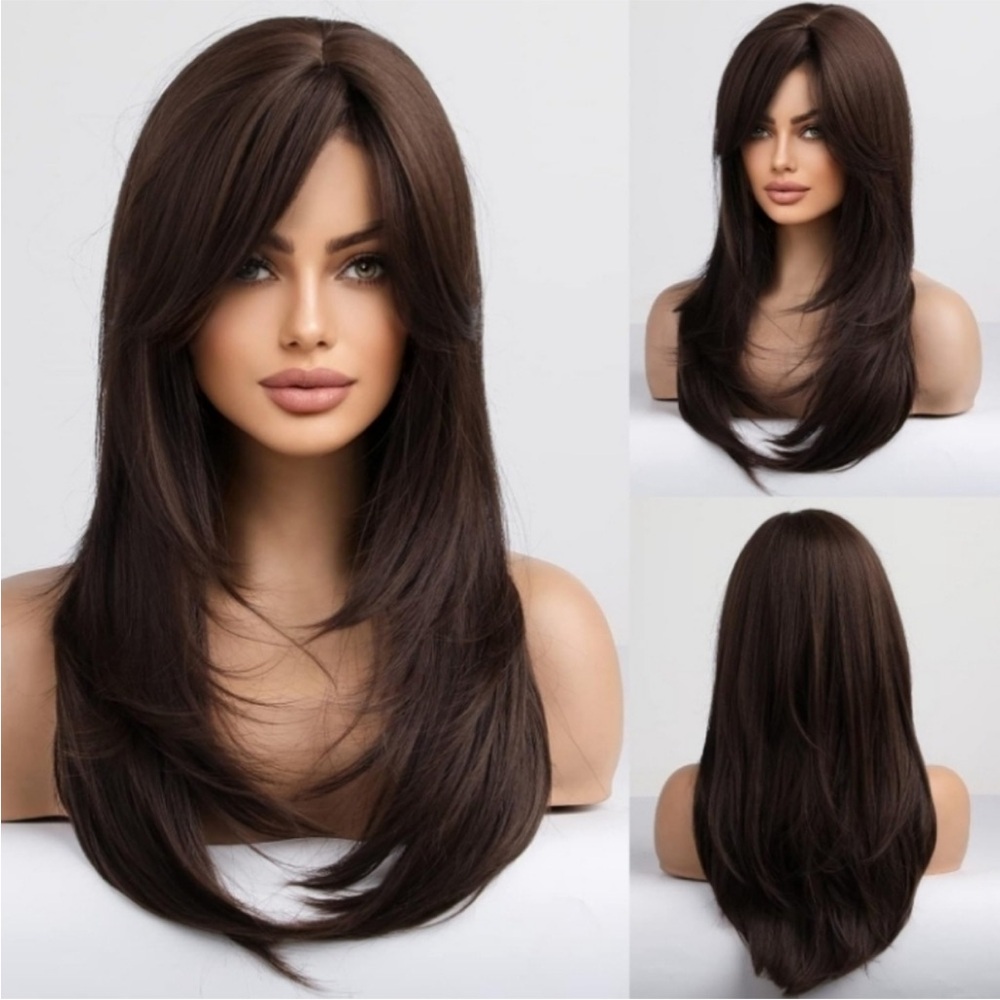 Long layered DARK BROWN  Wig for Women  with Bangs *NEW*